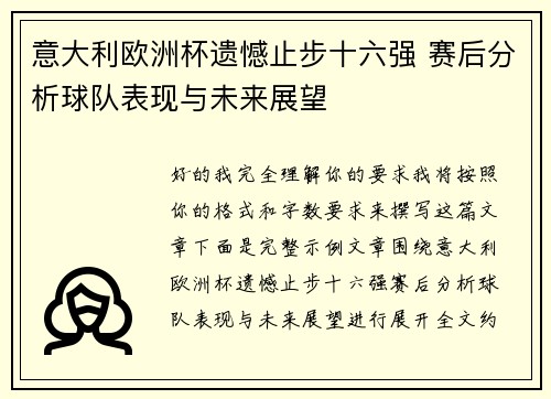 意大利欧洲杯遗憾止步十六强 赛后分析球队表现与未来展望